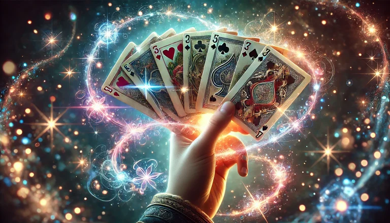 Jeu de cartes dans une main, entouré de magie