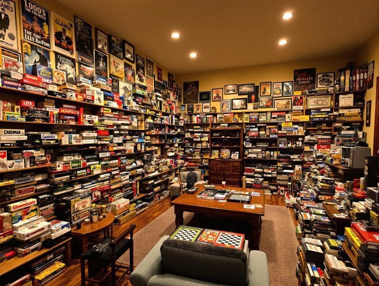 Une pièce remplie de milliers de jeux de société différents, empilés sur des étagères et des tables.