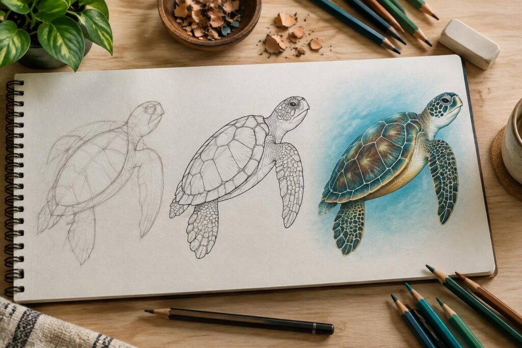 Comment dessiner des tortues, du croquis au coloriage